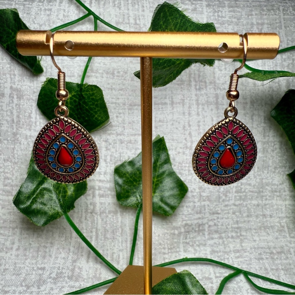 New Boho Teardrop Dangle Earrings w/Red & Blue Enamel Accents